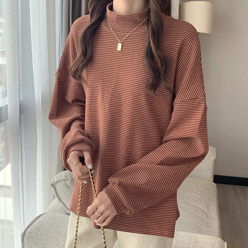 Spring Autumn New Korean Version BF Style Loose and Slim Half High Collar Striped Long Sleeve Hoodie for Women's Head Casual Top dongdumaoyi
