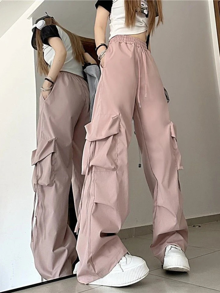 Zoki Cargo Pant Women y2k Streetwear Hip Hop Loose Casual Trousers American High Waist Big Pockets Lace Up Fashion Lady Pants 240821
