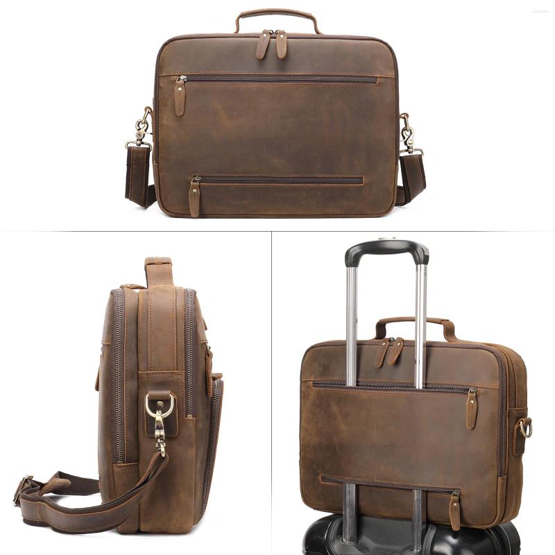 3 Briefcases Retro Crazy Horse Leather Men's Bags Briefcase Genuine Messenger Bag Large Capacity 15.6-Inch Laptop