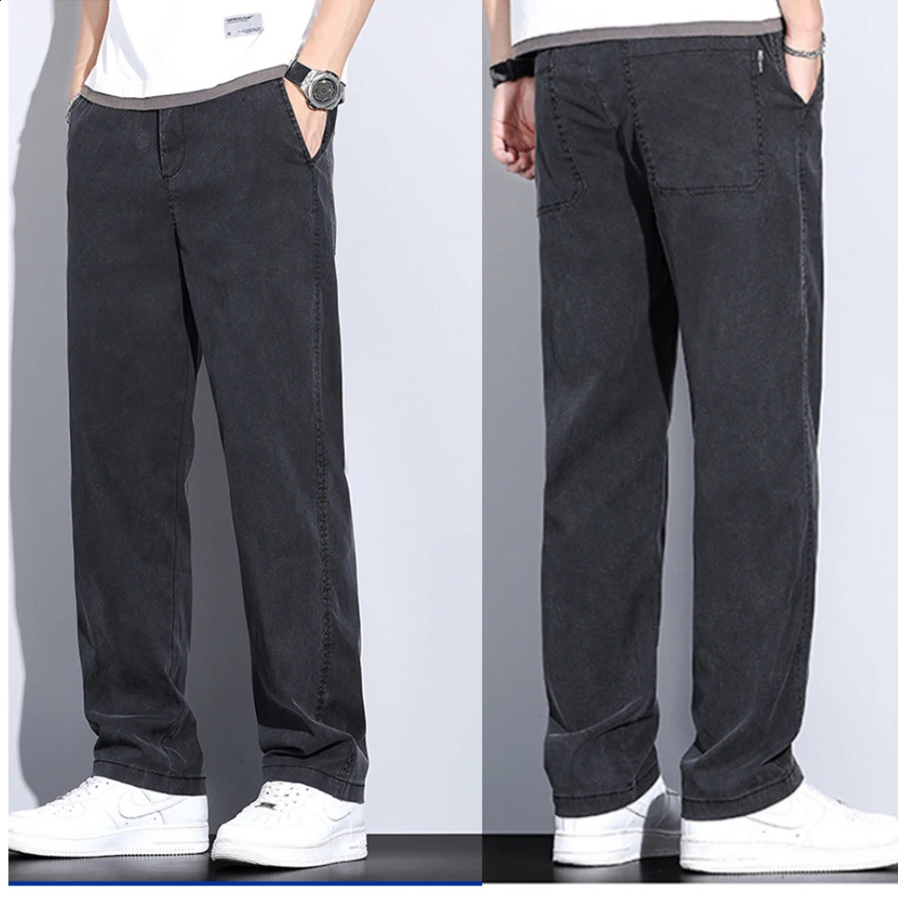 Summer Jeans for Men Thin Soft Lyocell Fabric Loose Straight Wide Leg Pants Elastic Waist Casual Trousers Plus Size M-5XL 240822