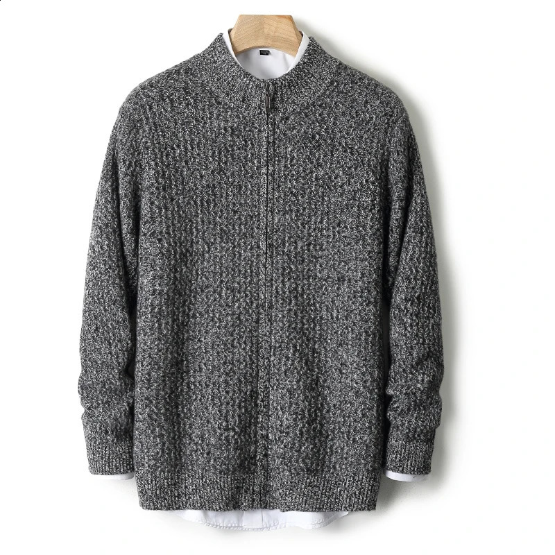 Autumn and winter 100% pure wool mens stand up collar loose thick zipper cardigan business casual sweater jacket 240821