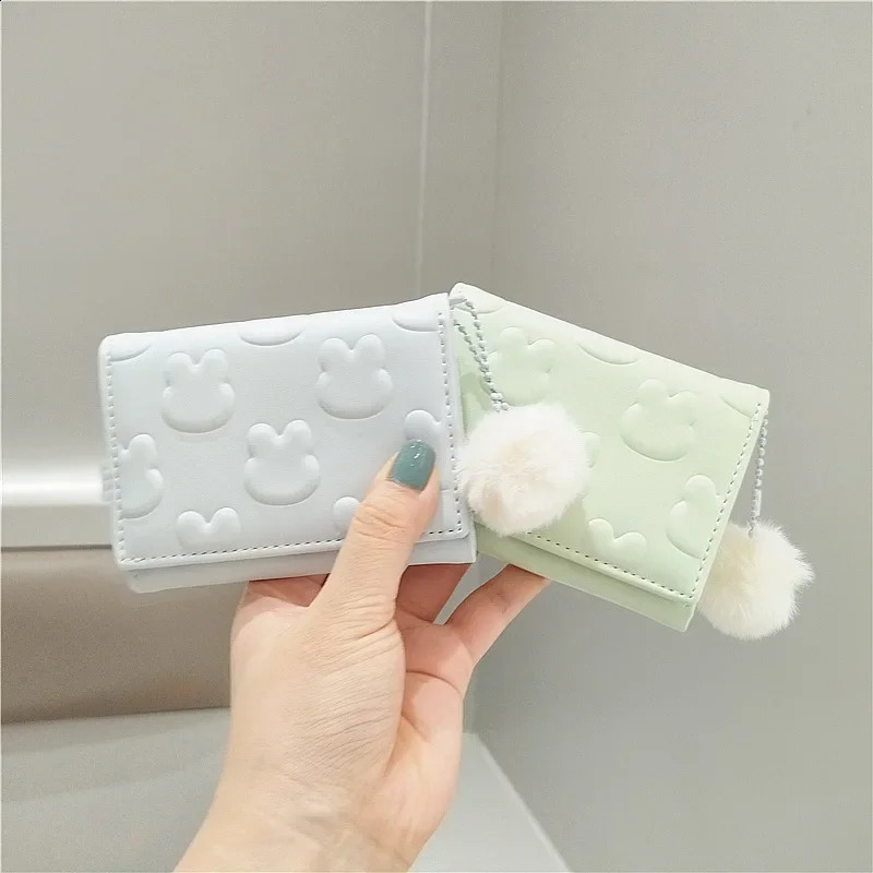 Women Short Cute Wallet Foaming Printing Rabbit Coin Purse Hairy Ball Pendant Three Fold Card Holder Girl Cartoon Clutch 240821