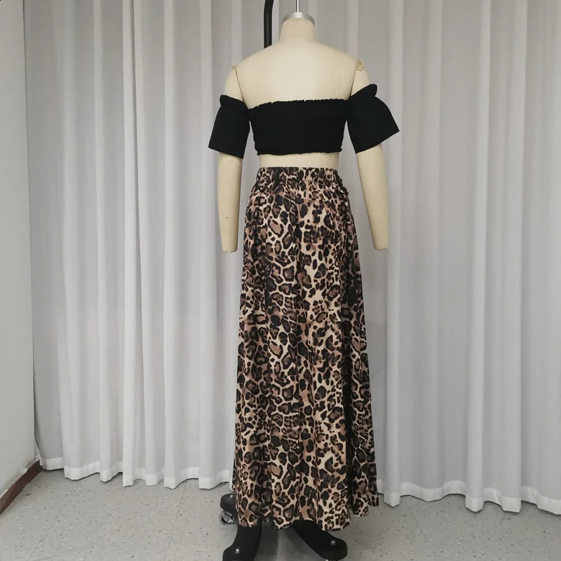 Waytobele twopiece summer womens fashionable off shoulder solid short sleeved pleated ultrathin leopard print top 240821