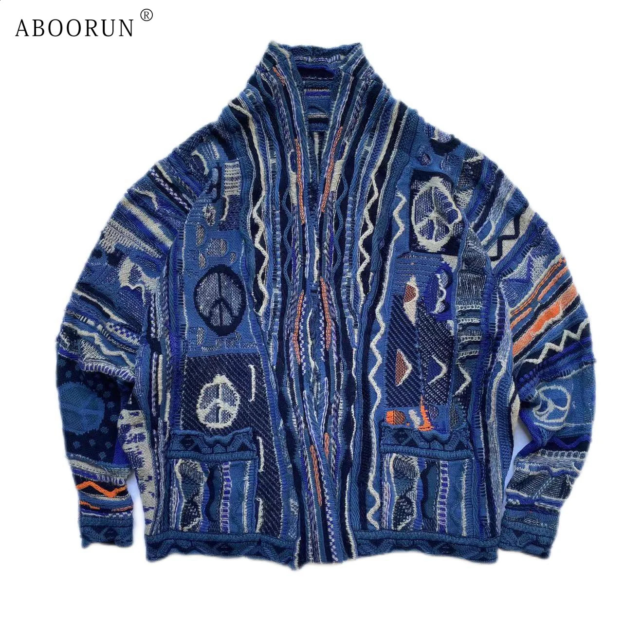 Aboorun mens retro cardigan woolen sweater Harajuku loose knit Dos long robe 240821