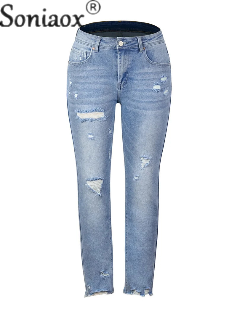 Fashion Broken Holes Tassel Pencil Jeans Womens Stretch Slim Fit Trousers Female Sweet Style Street Casual Denim Pants 240821