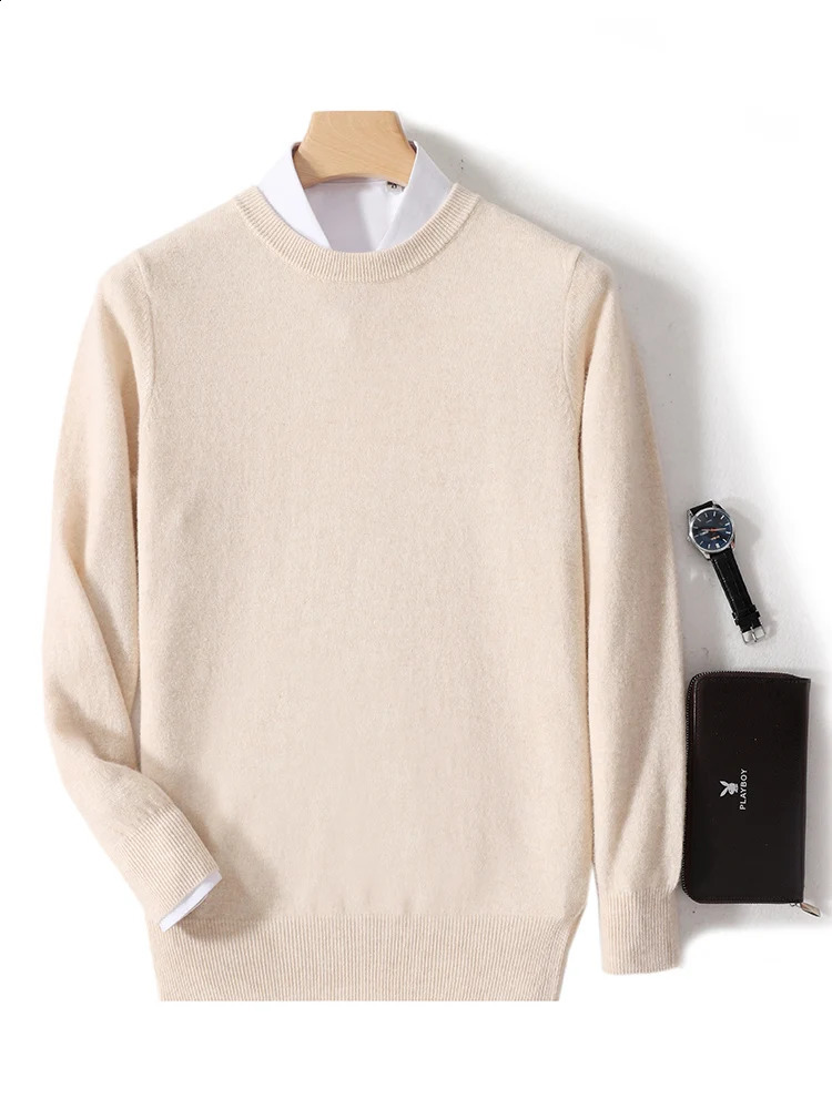 Spring Autumn 100% Pure Merino Wool Pullover Sweater Men O-Neck Long-sleeve Cashmere Basic Knitwear Clothing 240821