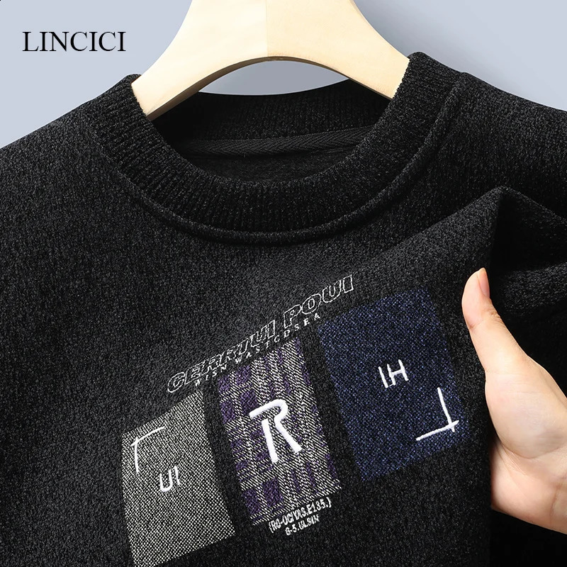Autumn/Winter Mens Sweater with Thick Velvet for Warmth Round Neck Letter Embroidered Knitted Inner Undercover 240821