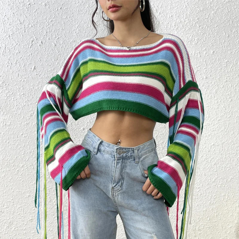Trendy Rainbow Striped Tassel Knit Sweater - Sexy Crop Top 240821
