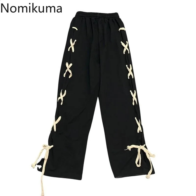 Black Y2k Wide Leg Pants Women Streetwear Bandage Casual Pantalon Femme Bottoms High Waist Straight Korean Harajuku Trousers 240821