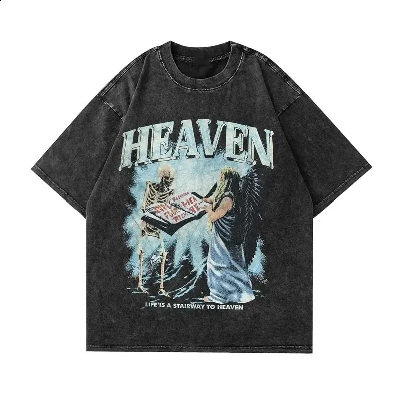 Summer mens retro washed Tshirt anime gothic streetwear punk unisex short sleeved top Y2k oversized 240822