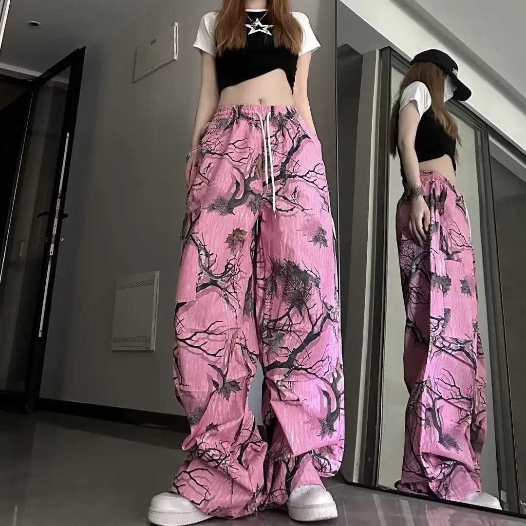 Spring American Casual Pants Loose-fit Straight-leg Printed Cargo Pants women Japan Korean Fashion Streetwear Y2k Red Pants 240821