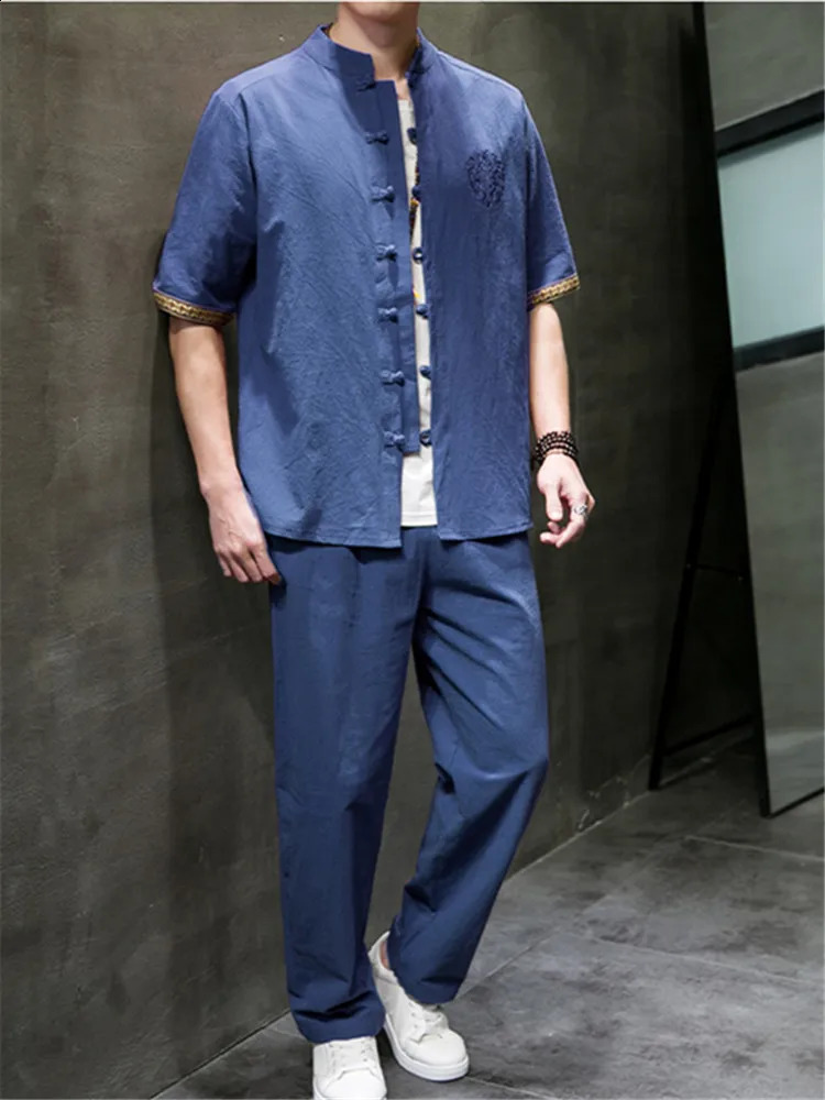 2 Pieces Summer Cotton Sets Men Chinese Style Solid Color Casual Tracksuit Streetwear Mens Short ShirtsLong Pants Plus Size 5XL 240821
