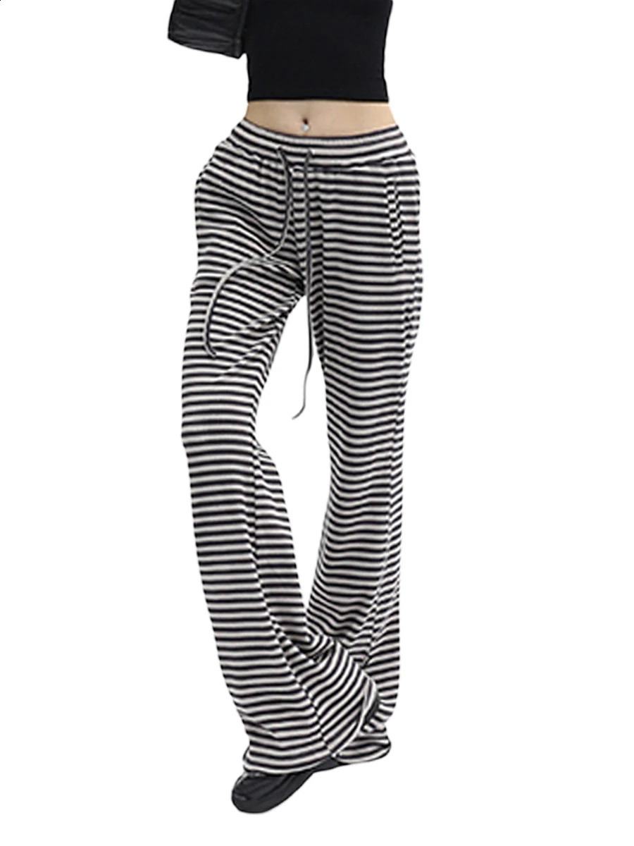 Women Y2k Drawstring Straight Leg Pants Vintage Low Rise Striped Print Knitted Pant Wide Leg Lounge Pj Pant Bottom 240821