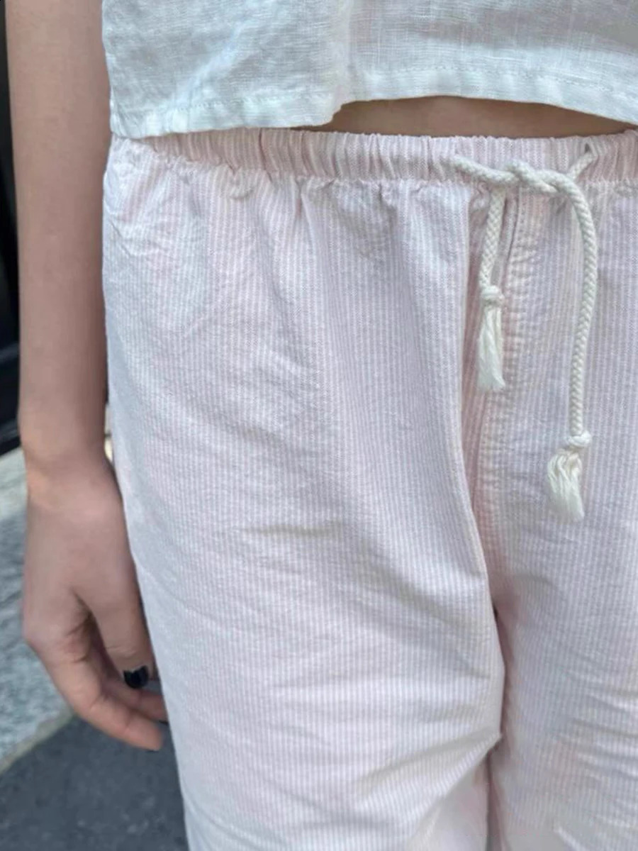 Pink Striped Linen Drawstring Long Pants Women Summer High Waist Casual Straight Pant Y2k Vintage Streetwear Loose Trousers 240821
