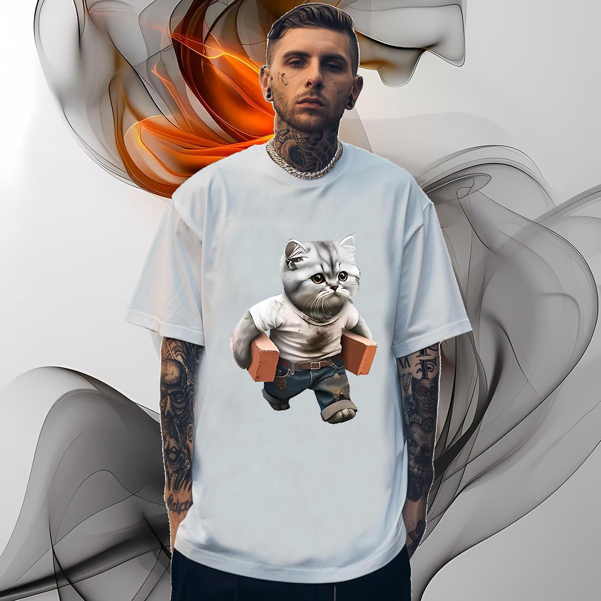 Cool T-Shirts for Men cat O-Neck Short Sleeve Casual DIY Anime 230g Pure Cotton Mens Tshirts Casual New Tees