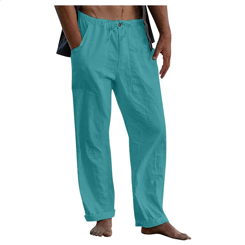 Mens Casual Trousers Home Pants Man Cotton Linen Large Size white Straight trousers Solid Beach black Fitness Pants 240822