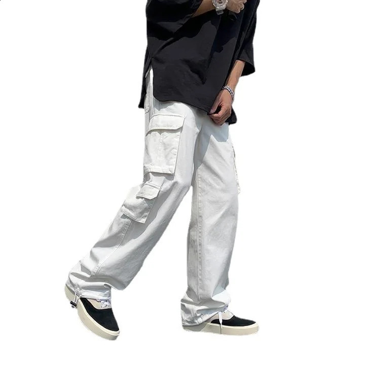 Black/white Casual Pants Mens Fashion Loose Straight Wide Leg Pants Men Streetwear Hip-hop Pocket Cargo Pants Mens Trousers 240822