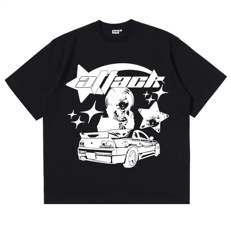 Large mens Tshirt Y2k top pure cotton printed car summer Harajuku street clothing graphite short sleeved retro aesthetic 240822