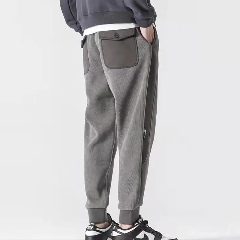 autumn and winter fashion splicing contrasting colors Corduroy plush loose versatile handsome mens sports casual pants 240821