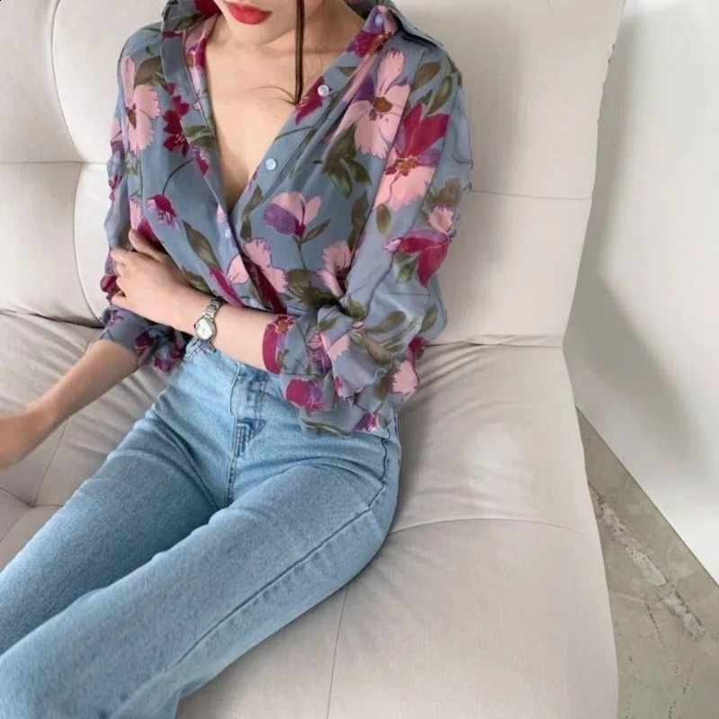 Womens warm thin printed shirt long sleeved polo neck summer loose floral top elegant and 240822