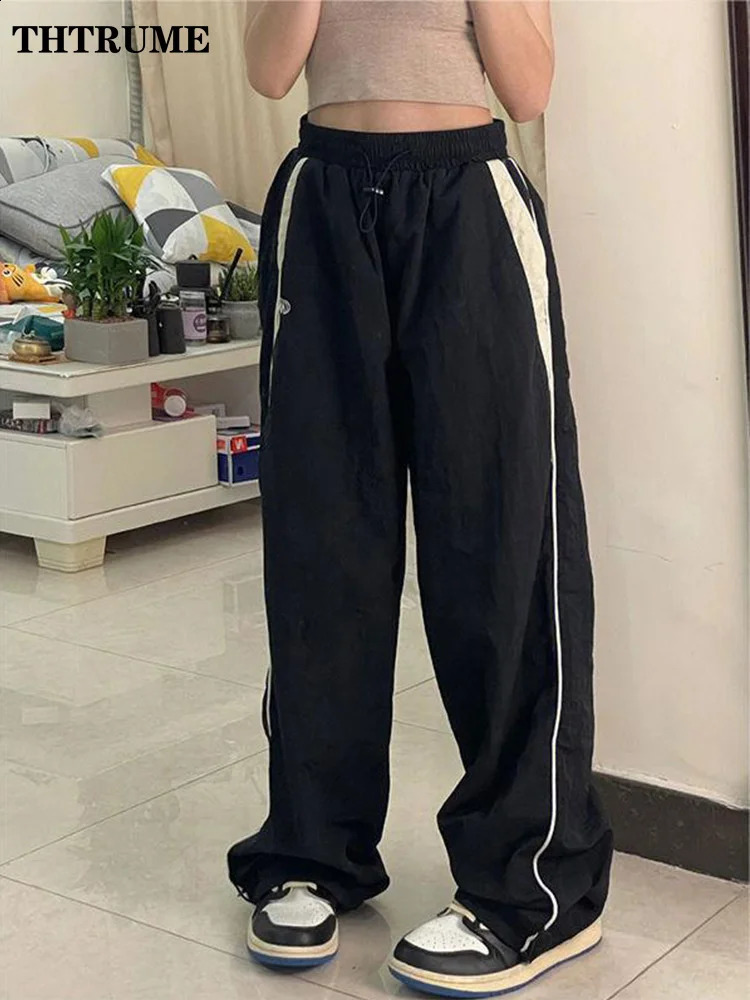 High Street Vintage Pant Fashion Women Oversized Elastic Waist Pocket Y2K Wide Leg Pants Casual Streetwear Baggy Trousers 240821
