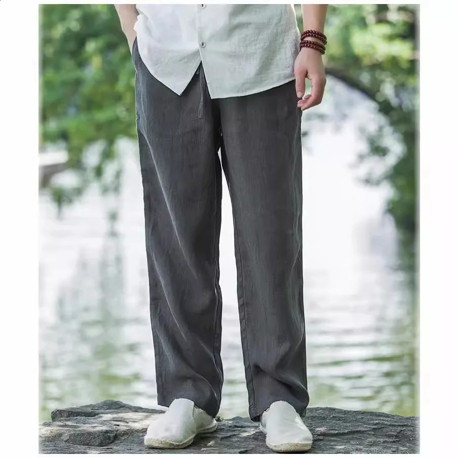 Men Wide Leg Cotton Linen Pants Summer Male Elastic Waist Pocket Loose Solid Full Trousers ZJFS-3278 240822