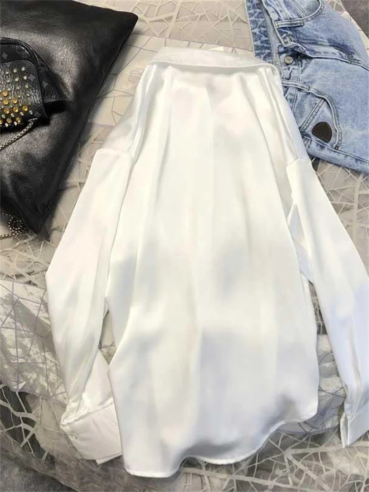 Eotvotee satin long sleeved shirt button top womens elegant highquality office silk 240822