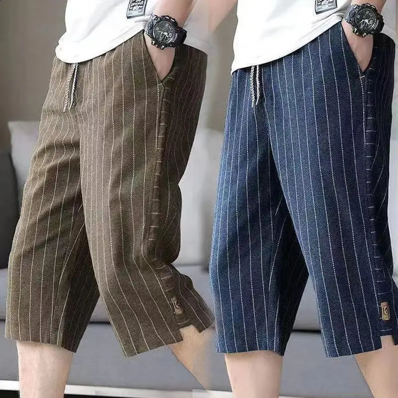 Summer Mens Cotton Linen Cropped Pants Fashion Casual Loose Wide Leg Straight Trouser Vintage Calf-Length Shorts Streetwear 240822