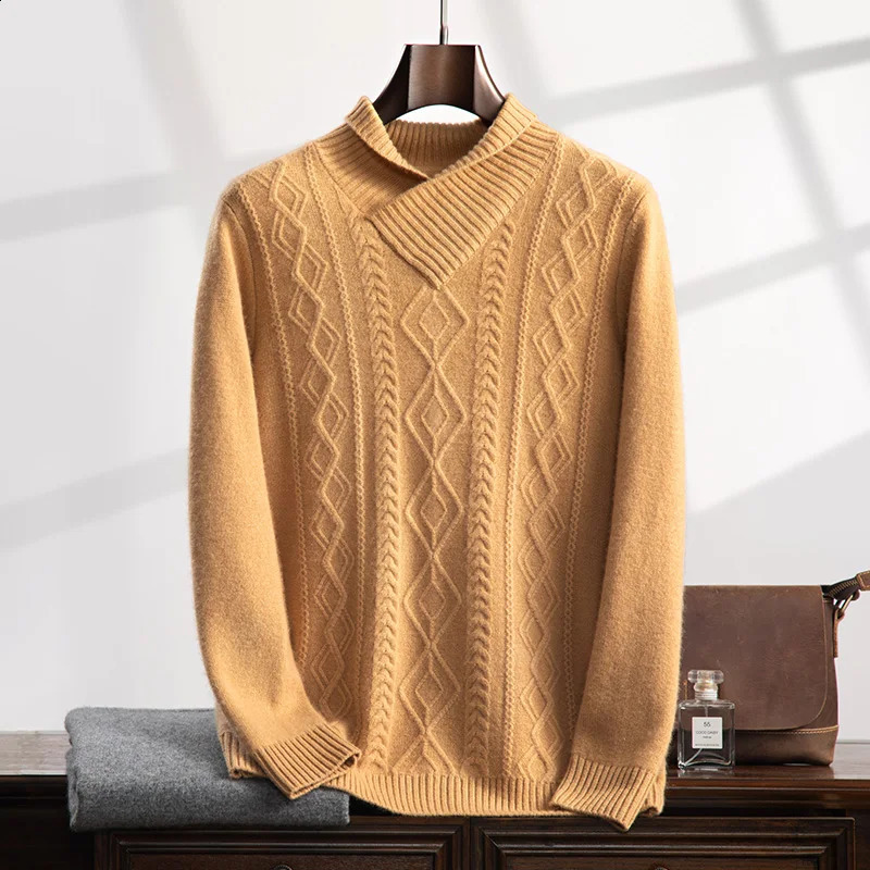 ZOCEPT Winter Mens Retro Shawl Collar Thick 100 Cashmere Sweater Long Sleeve Warm Knitted Twisted Pattern Pulling Flower 240821