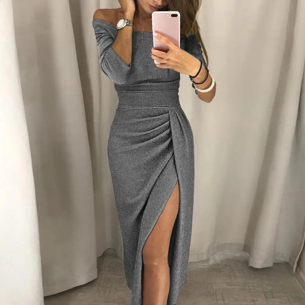 Shiny Vintage Translucent Women Dress Pleated Bodycon Dress Sexy High Waist Lady Split Evening Dresses Elegant Party Dress 240822