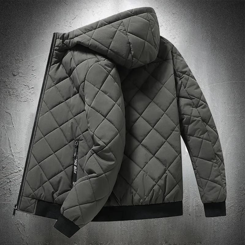 Mens jacket with hood autumn cotton padded mens fashion clothing diamond texture casual park size 5XL 240822
