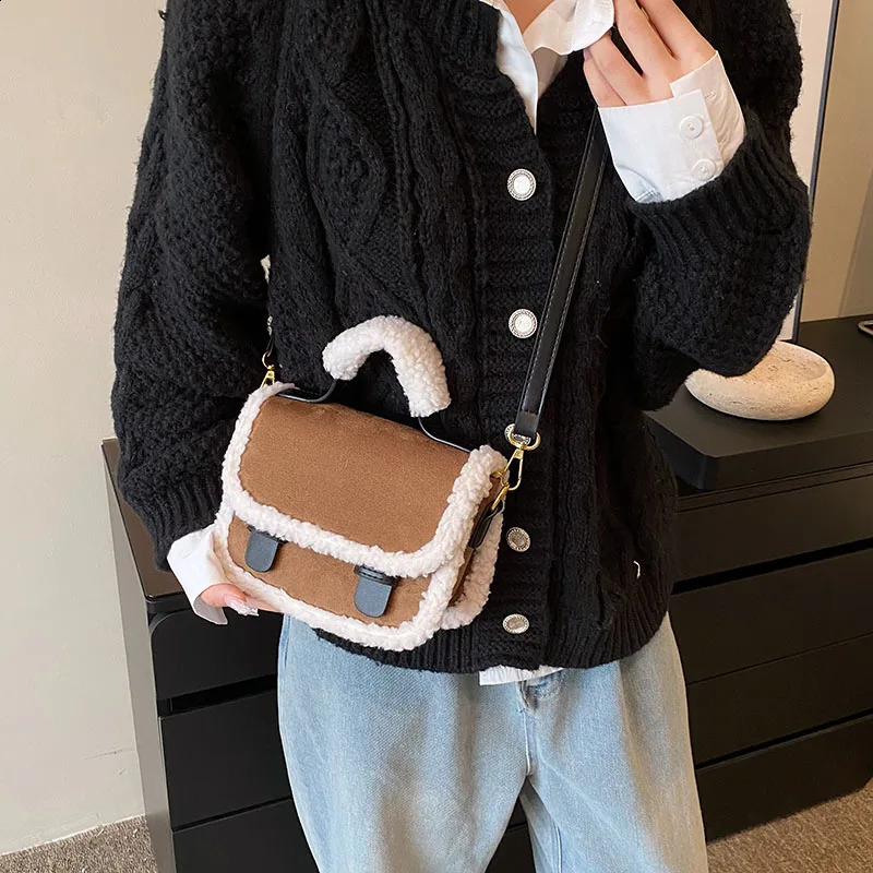 Small Tote Bag For Women VintageNubuck Leather Crossbody Bags er Lamb Wool Handbag Female Top Shoulder Bag Winter 240821