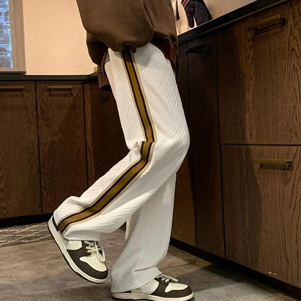 Men Pants Color Matching Wide Leg Drawstring Geometric Texture Trousers Elastic Waist Loose Hip Hop Trousers Mens Clothing 240822