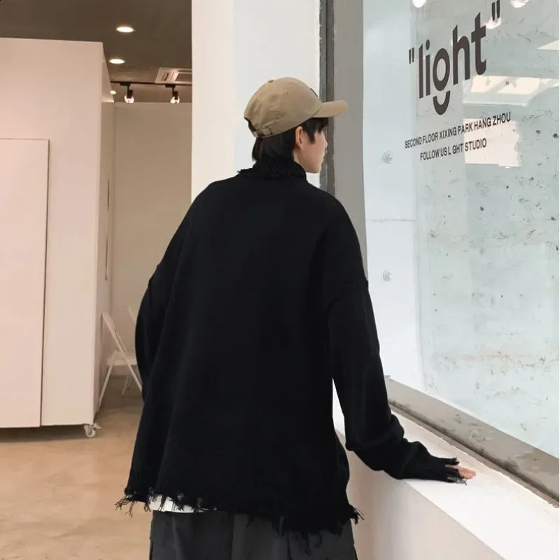 Man Clothes High Collar Knitted Sweaters for Men Torn Solid Color White with Holes Pullovers Plain Turtleneck Street Sheap Ugly 240821