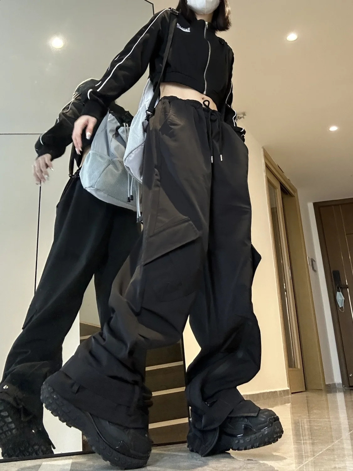 QWEEK Baggy Techwear Cargo Pants Women Y2k Streetwear Hip Hop Pantalones Mujer Summer Grey Black Casual Wide Leg Trousers 240821