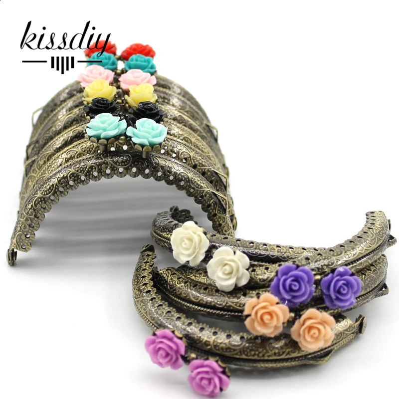 KISSDIY 10 pieces 8.5CM rose head pattern wallet frame antique bronze semi-circular shape bag kiss buckle lace metal DIY bag accessories 240821