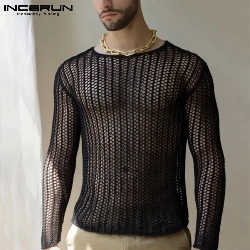 INCERUN Mens Mesh Tshirt Transparent Sexy Oneck Long sleeved Street Clothing Solid Party Nightclub Camisetas S5XL 240822