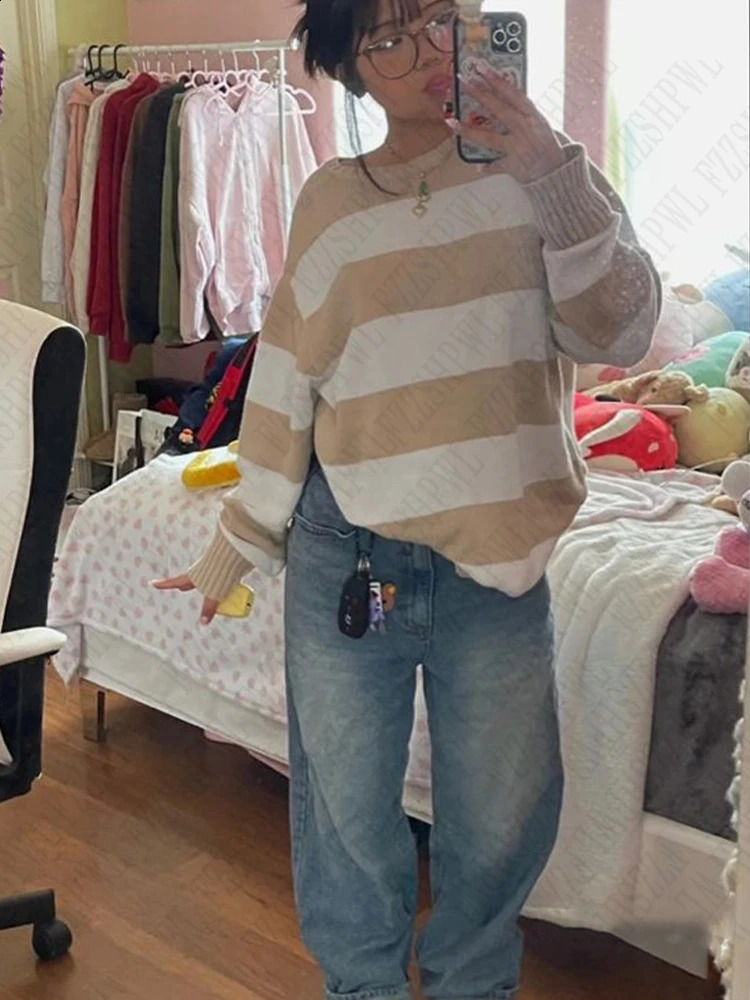 Womens sweater casual retro street fashion striped Y2K Harajuku aesthetic cute hiphop rock loose universal 240821