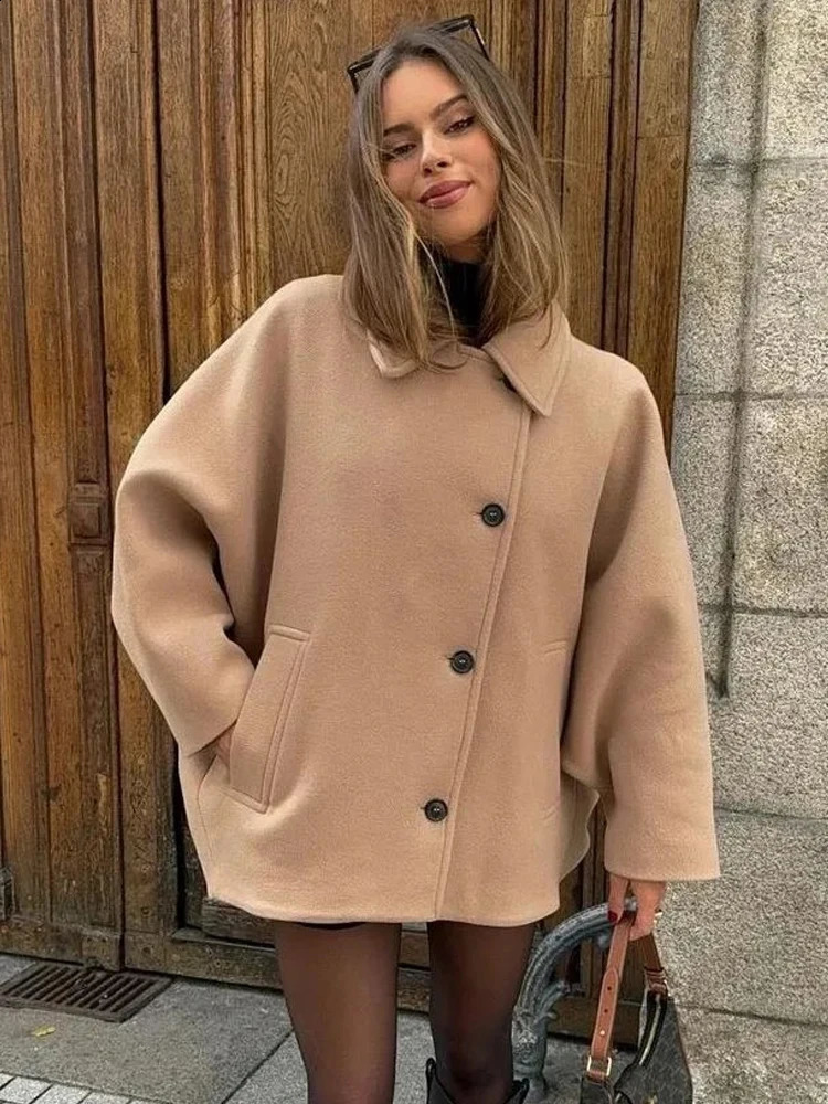 Fashion Lapel Woolen Jacket For Women Spring Single Breasted Long Sleeve Coats Female Elegant Oversized Chic Street Outwear 240822