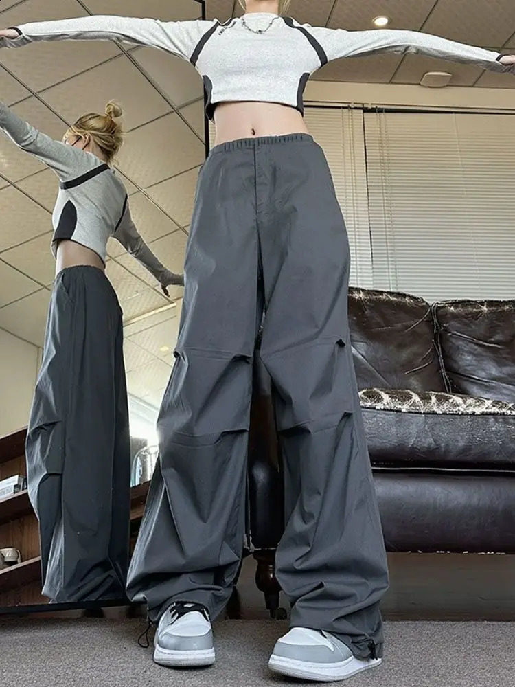 QWEEK Vintage Y2k Cargo Pants Women Folds Oversize High Street Fashion Baggy Sweatpants Korean Casual Wide Leg Jogger Pants 240821