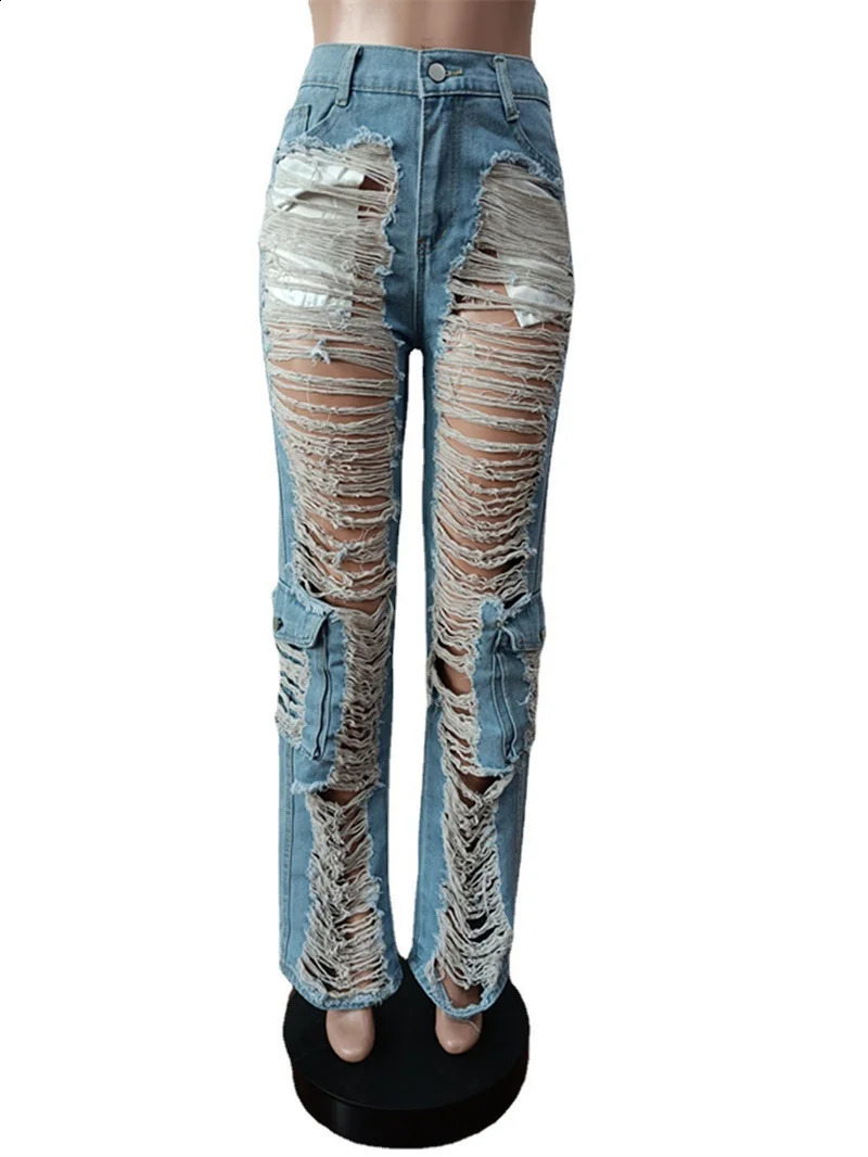 Trend Hollow Out Broken Holes Jeans Women Fashion Leg Patchwork Pocket Denim Pants Female High Waist Trousers Casual Streetwear 240821
