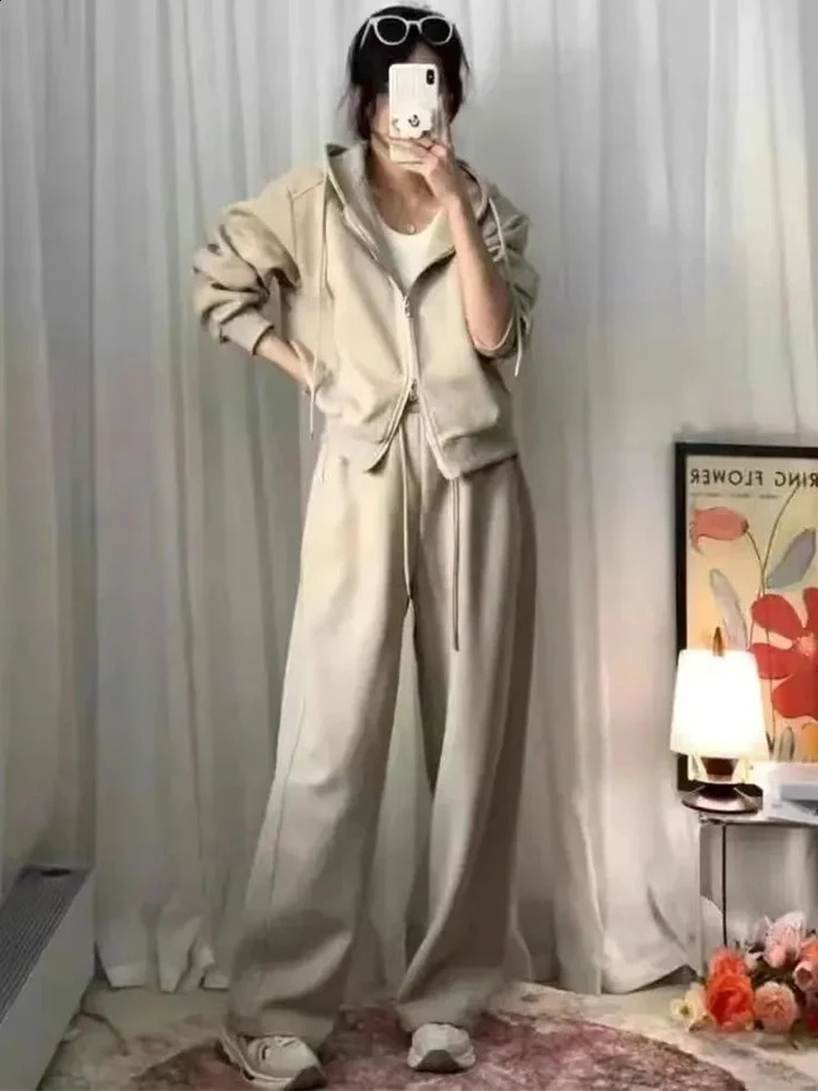 Loose sweatshirts casual korean Women 2 Piece Set zip hooded coats tops Conjunto high waist lace up wide leg sweatpants outfits 240821