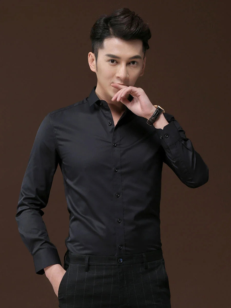Mens long sleeved shirts slim fitting clothes white business casual formal clothes inch shirts youth spring shirts 240822