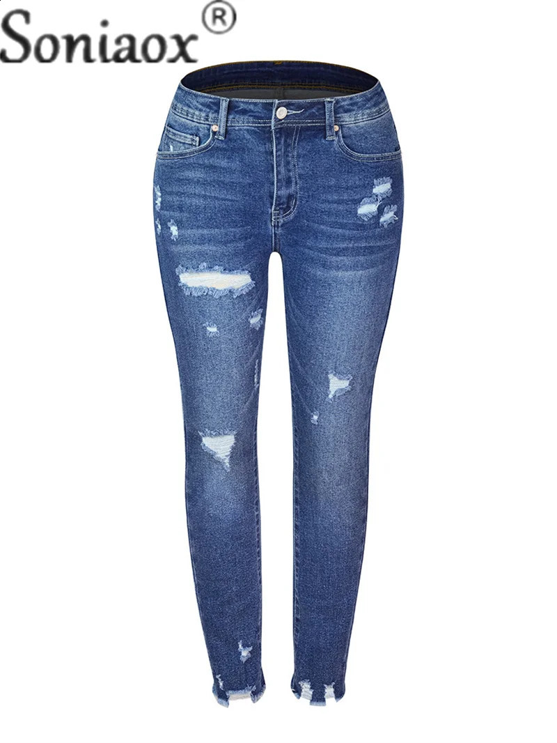 Fashion Broken Holes Tassel Pencil Jeans Womens Stretch Slim Fit Trousers Female Sweet Style Street Casual Denim Pants 240821
