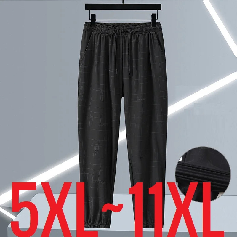 Large Size Pant Men Long Length Elastic Waist Straight Summer Pants Men Ice Silk Thin Trouser Male Light Loose Stretch 11XL 240822