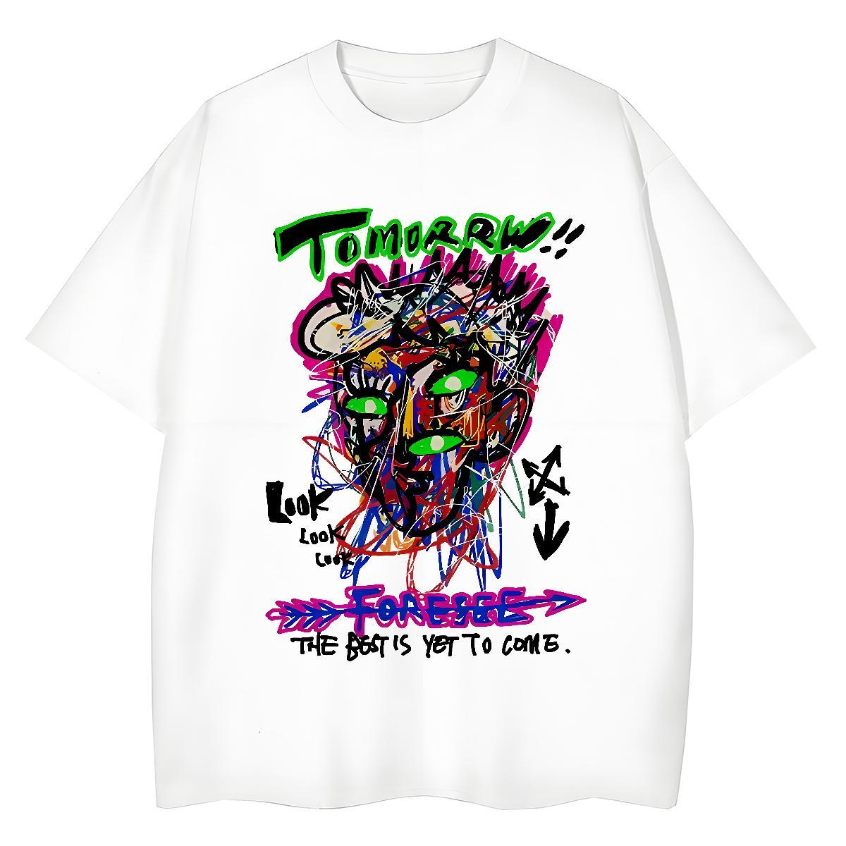 Casual New Mens Tshirts 230g Pure Cotton Hip Hop Street tomorrw Round Neck Short Sleeve T Shirt For Man Cool Cartoon Print Tees Shirts