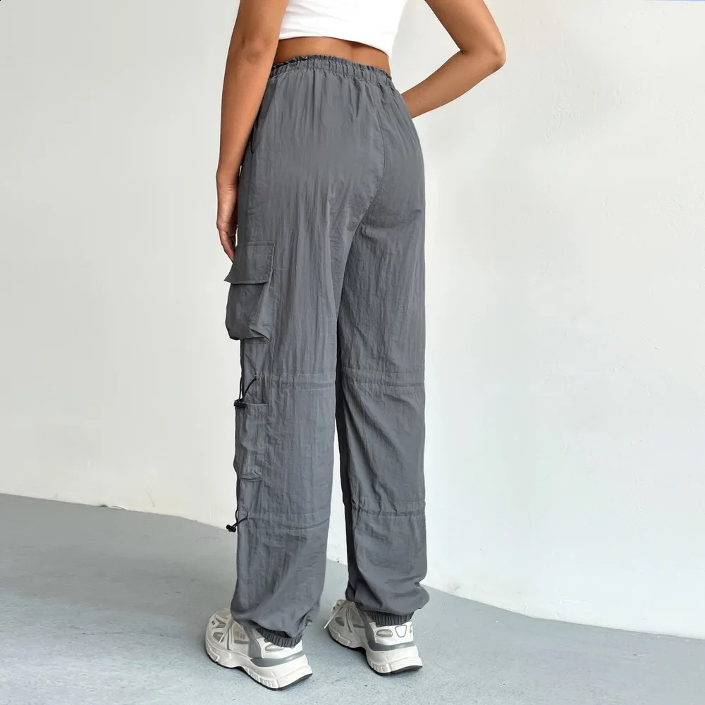 Y2k Women Cargo Pants Gray Sweatpants Draw String Multi-pocket Casual Trousers Elastic Waist Streetwear Vintage Joggers Female 240821