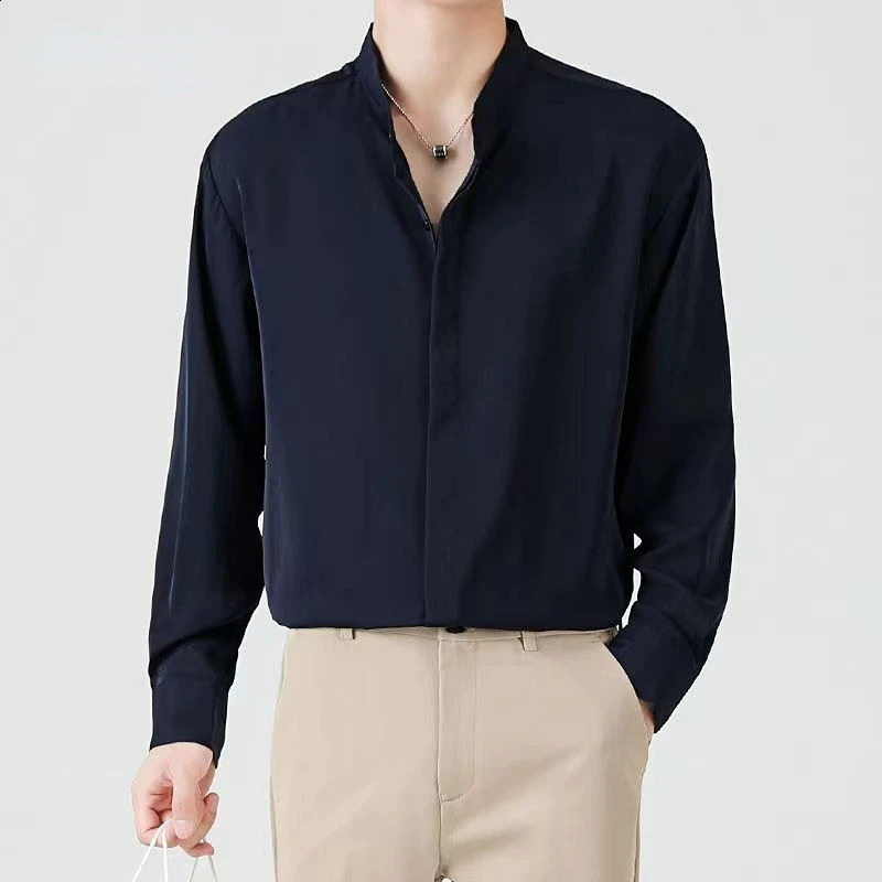 High Quality Korean Fashion Stand Collar Shirt Men Long Sleeve Solid Color Business Casual Loose Simple Shirts for Men 240822