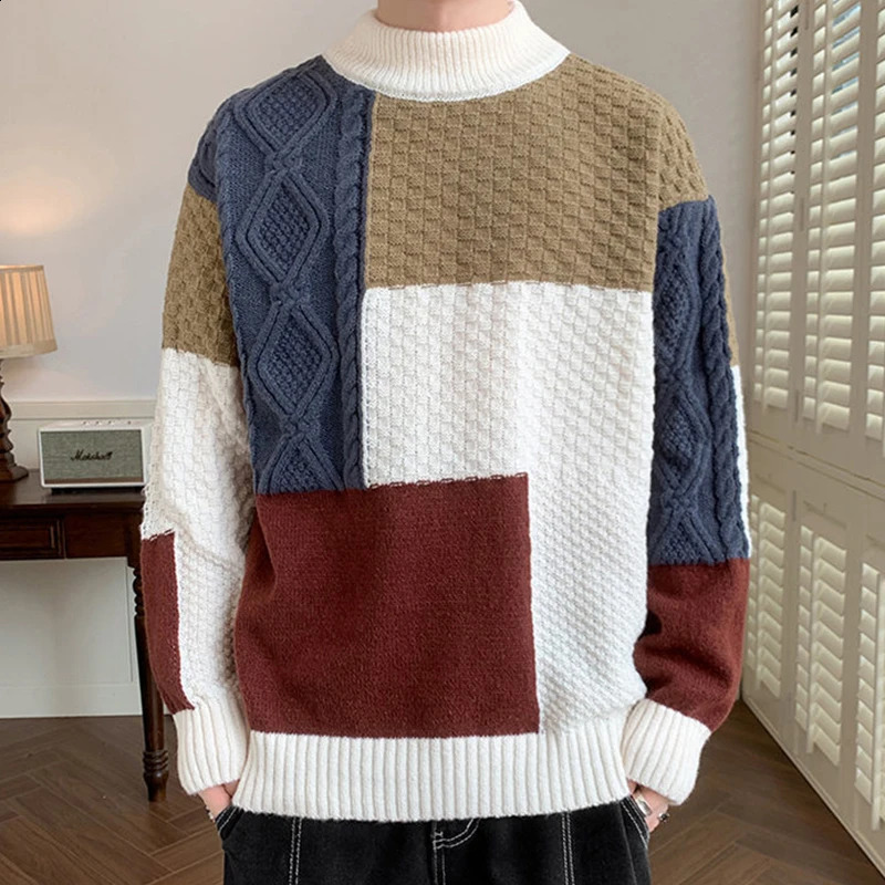 Vintage Patchwork Mens Sweater Pullovers Autumn Winter Fashionable Contrast Color Knitted Slim Jumpers Men Daily Casual Sweaters 240821