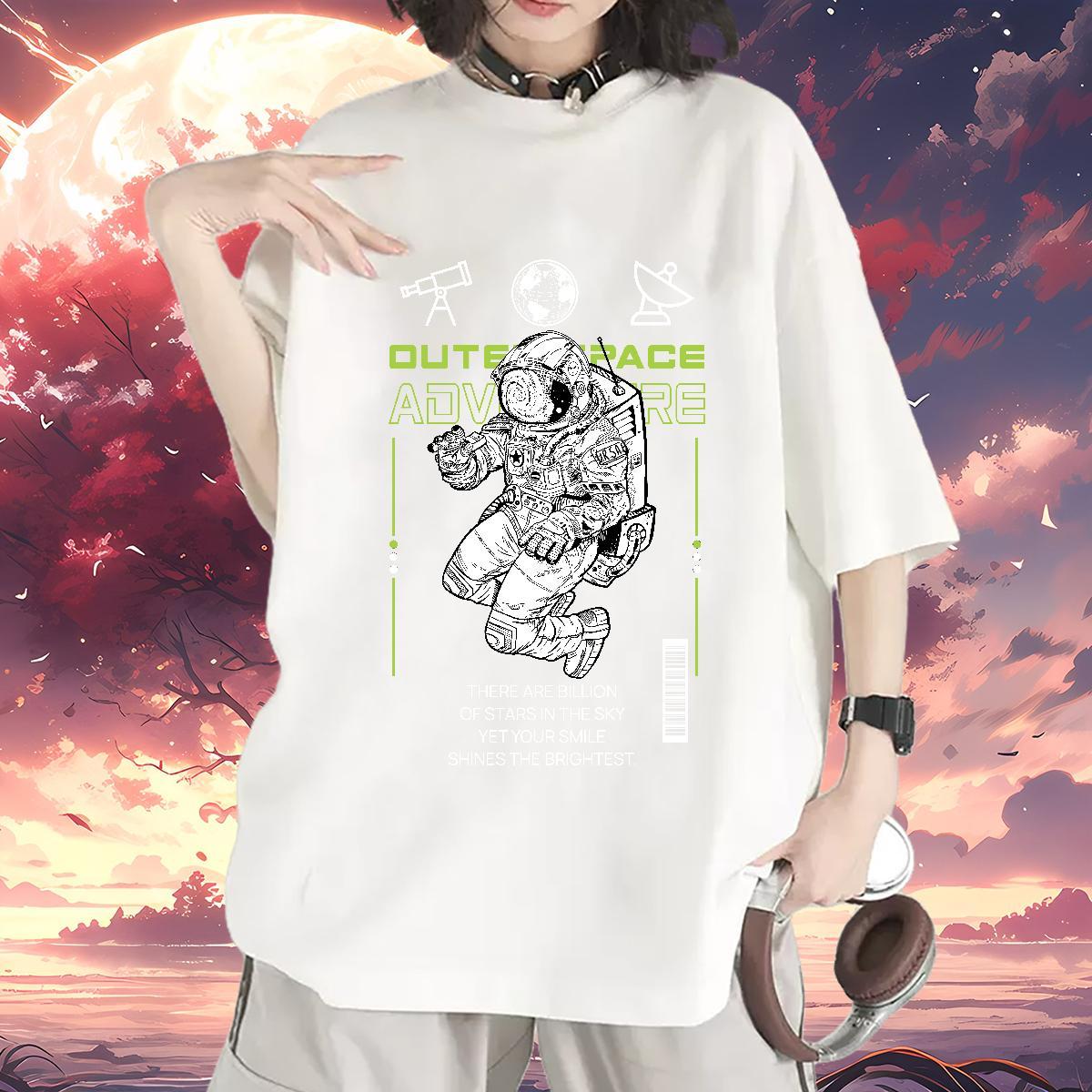 Soft Couples T Shirts 230g Pure Cotton cosmonaut High Street Hip Hop T Shirt For Woman Crew Neck Breathable Oversized L-4XL Tops Tees